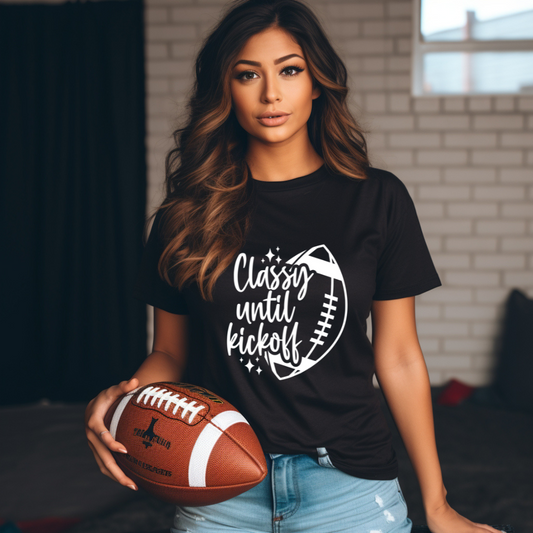 black short sleeve tee with white football and classy until kickoff design