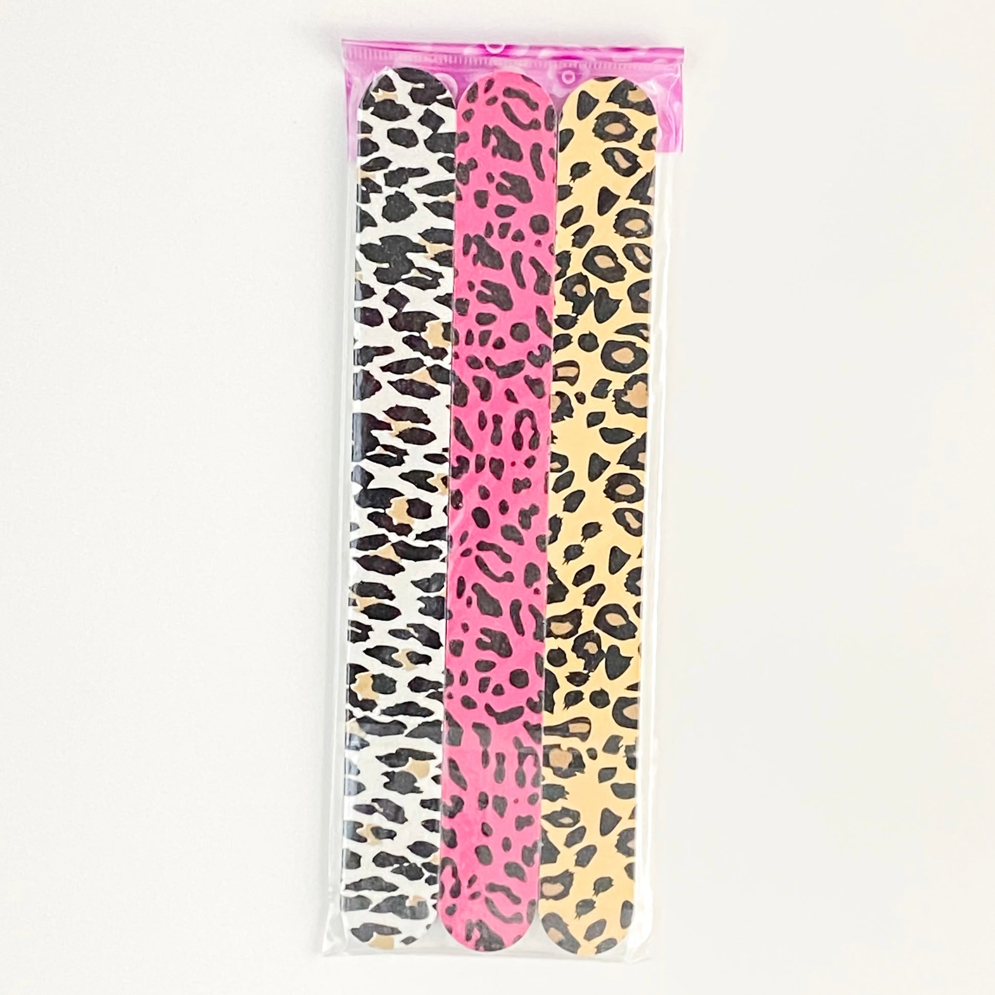 photo of nail file set of 3 white cheetah, pink cheetah and classic tan cheetah