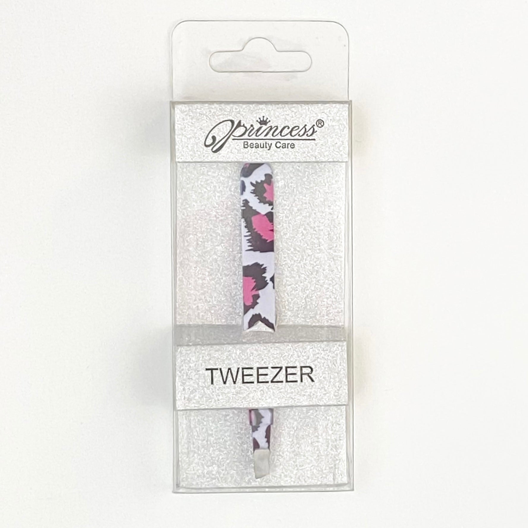 large print pink and black on white cheetah print tweezers in glitter packaging