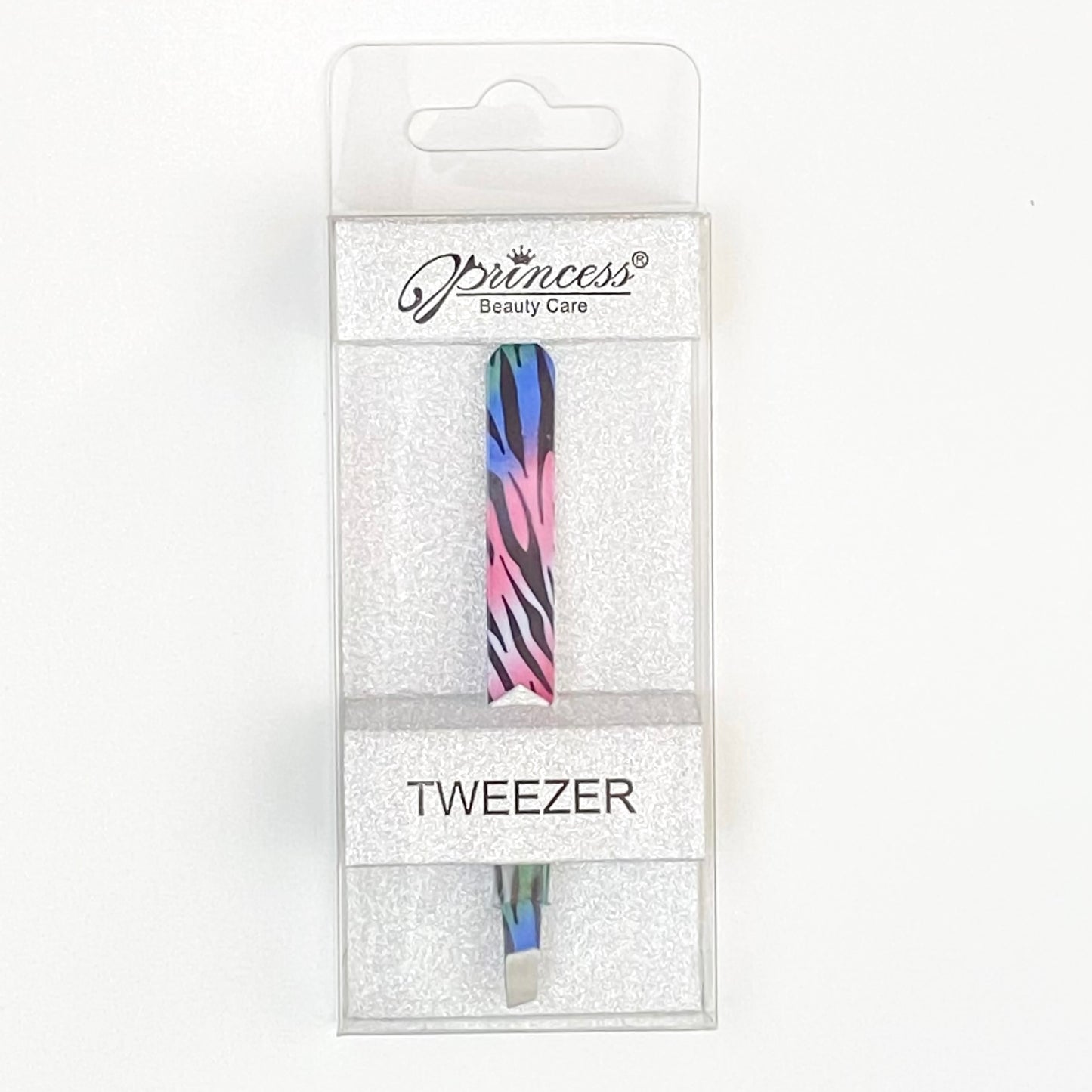 pink and blue ombre with black zebra print tweezers in glitter packaging